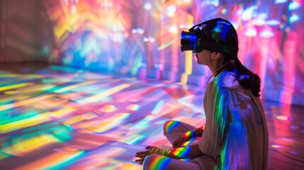 European female artist explores virtual reality in a vibrant digital environment