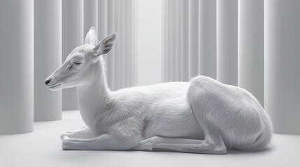   A white deer rests atop a pristine white floor Nearby stands a tall white column, and behind it, white curtains billow - obrazy, fototapety, plakaty