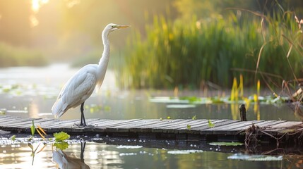   A white bird atop a weathered wooden dock, overlooks tranquil water encompassed by grass and reeds in the background - obrazy, fototapety, plakaty