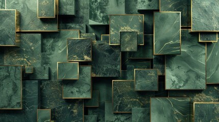 3d illustration of abstract geometric composition, consisting of rectangles and squares, green, marble and gold. - obrazy, fototapety, plakaty