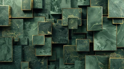 Fotobehang 3d illustration of abstract geometric composition, consisting of rectangles and squares, green, marble and gold. © Rashid
