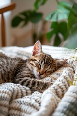 A young tabby kitten is curled up and sound asleep on a cozy, textured blanket. 