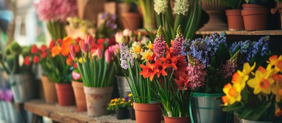 Fototapeta na wymiar In a Greek flower shop during springtime, there are festive arrangements of blooming plants like hyacinths, daffodils, mint, and kalanchoe.
