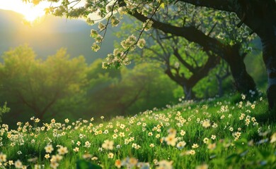 Spring Blossoms and Daisies Adorning a Scenic Meadow at Sunset