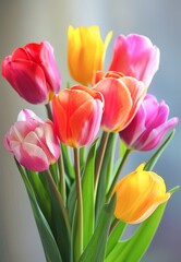 A beautiful arrangement of pink, yellow, and red tulips with their green stems and leaves prominently displayed against a softly textured grey backdrop. 