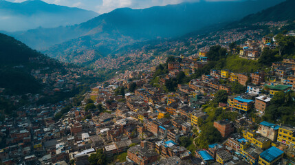 Fototapeta na wymiar Aerial View of Dense Urban Area in Mountain Valley 