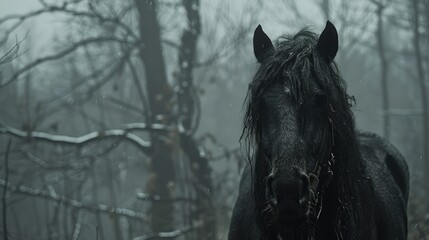   A black horse stands solo in the heart of the fog-shrouded forest Trees and tangled branches frame the scene - obrazy, fototapety, plakaty