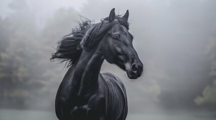   A black horse gallops through a foggy field, trees silhouetted against the overcast sky