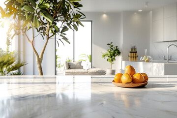 Empty space on a luxury white marble kitchen tabletop in a modern bright kitchen.