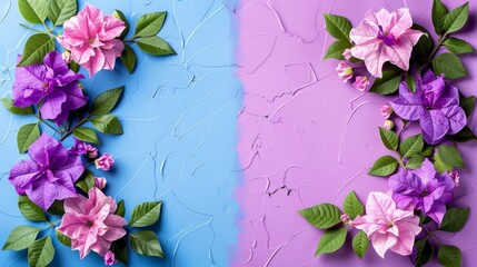   Two purple flowers atop a blue-purple wall An adjacent wall, colored pink and blue