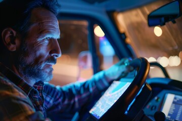 European truck driver navigating at night, focused and illuminated by dashboard lights