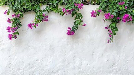   A white wall adorned with purple blooms at the top and green foliage at the base - obrazy, fototapety, plakaty