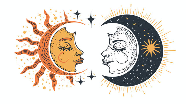 Hand drawn Sun and crescent Moon with faces. Design 