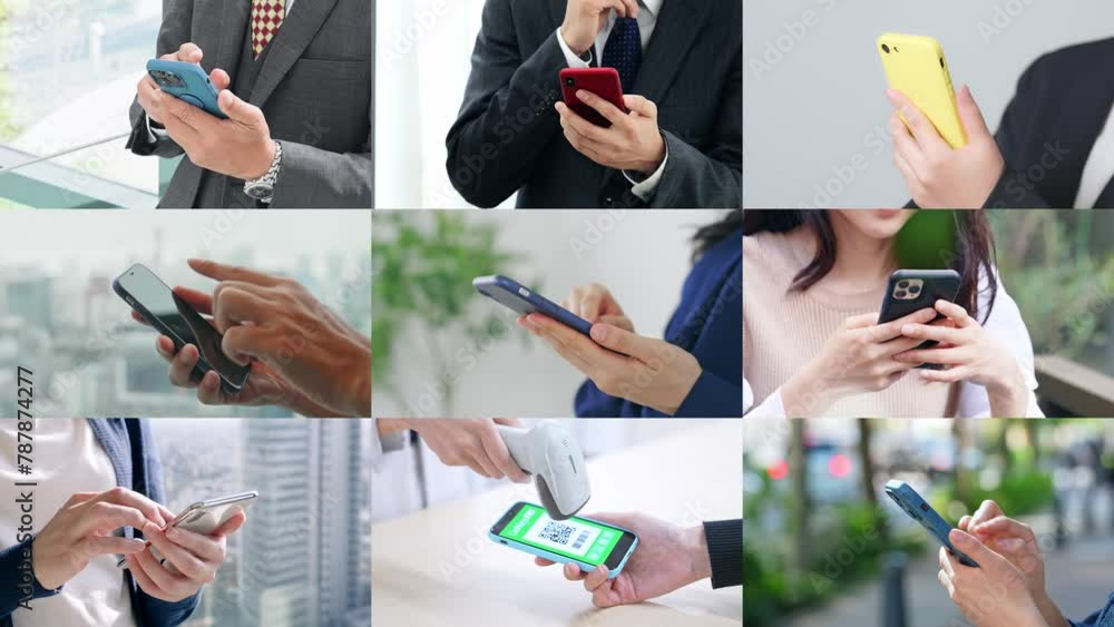 Poster collage of scenes of people using smart phones. scaling transition from white background.