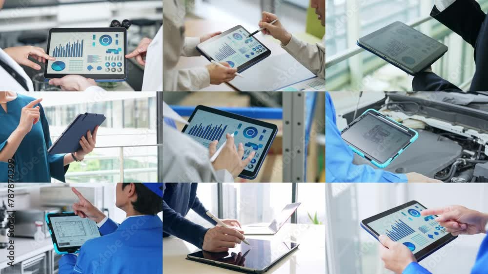 Aufkleber Collage of scenes of people using tablet PCs in various industry. Scaling transition from white background.