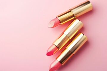 Assortment of Pink Lipsticks on a Pastel Pink Background in Soft Lighting