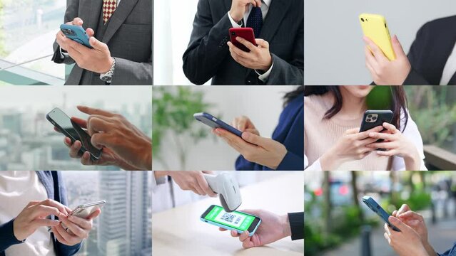 Collage of scenes of people using smart phones. Scaling transition from white background.