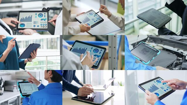 Collage of scenes of people using tablet PCs in various industry. Scaling transition from white background.