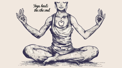 Hand drawn yoga mudra. Yoga heals the soul quote. Gra