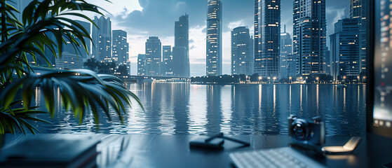 Marina Bay at Twilight, Singapore Skyline with Illuminated Skyscrapers, Vibrant Urban Waterfront