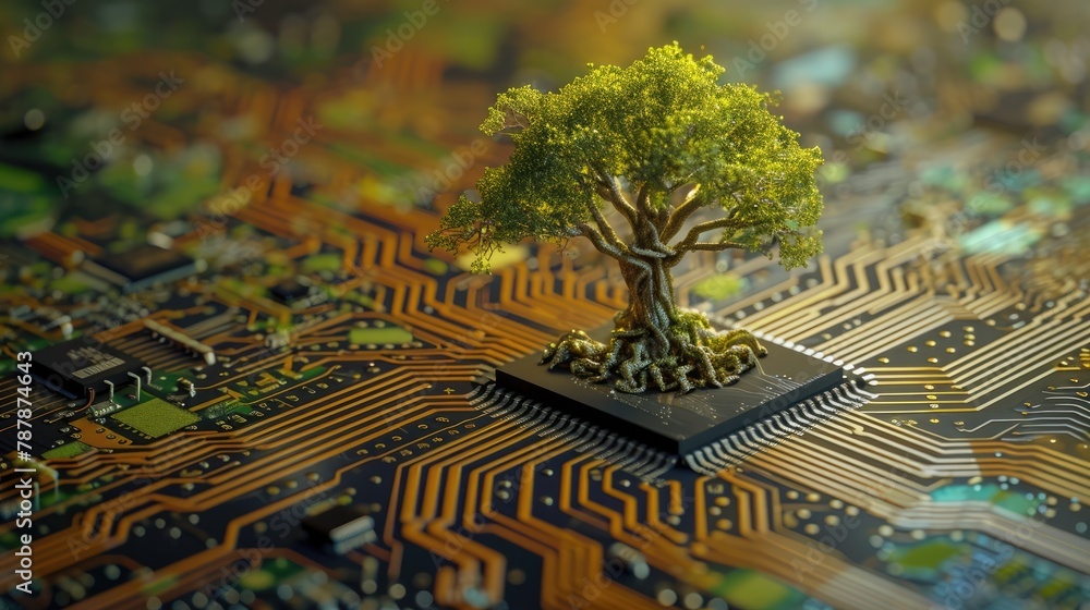 Aufkleber the bottom angle view of the growing green tree on the cpu on the land of the greenish mainboard and