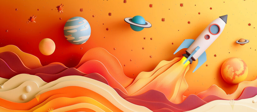 a rocket flying in space planet in 3d colorful paper art style