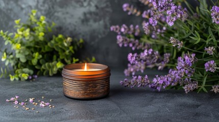   A candle atop a table, beside purple flowers on a gray surface, and near a arrangement of green and purple blooms