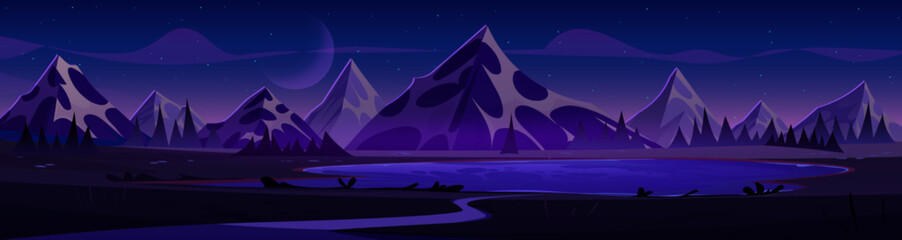 Night mountains landscape with lake or river, dark starry sky. Cartoon vector illustration of panoramic dusk midnight scenery with high rocky hill peaks, water pond and trees. Evening country scene. - obrazy, fototapety, plakaty