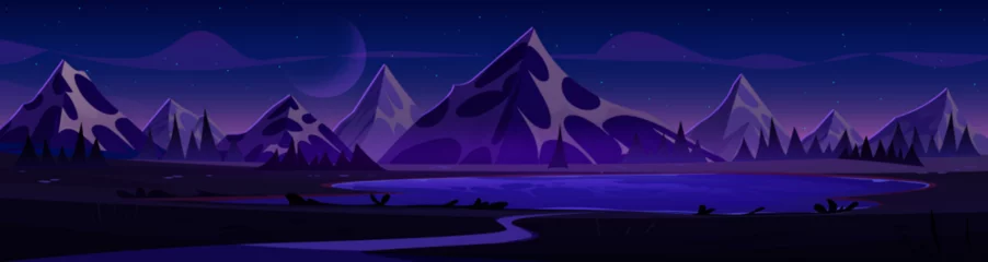  Night mountains landscape with lake or river, dark starry sky. Cartoon vector illustration of panoramic dusk midnight scenery with high rocky hill peaks, water pond and trees. Evening country scene. © klyaksun