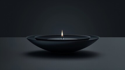   A black bowl holds a lit candle, situated on a black surface against a backdrop of a black wall - obrazy, fototapety, plakaty