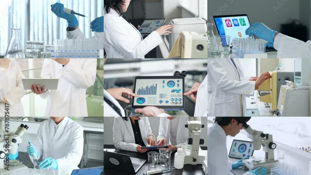 Poster collage of various scientific scenes. scaling transition from white background.