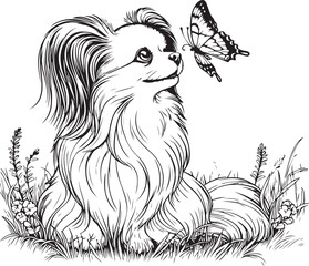 papillon dog pet portrait cartoon outline, vector line art vector illustration isolated on transparent background
