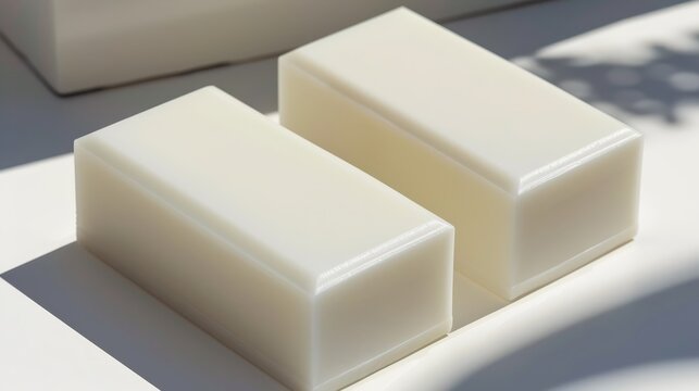   A few soap cubes rest atop a white table, with a person's shadow nearby