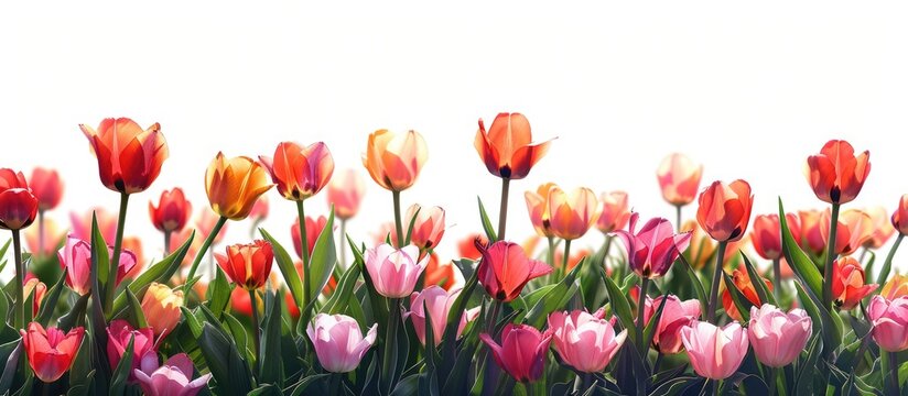 A field of vibrant spring tulips receding in the distance along the bottom edge against a white backdrop with room for text.