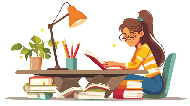 Happy girl reading book education vector illustration