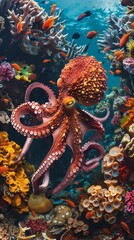 A playful octopus explores the coral reef.