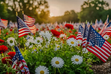 Beautiful landscape in backlight with white and red flowers and waving American flags, generated with AI