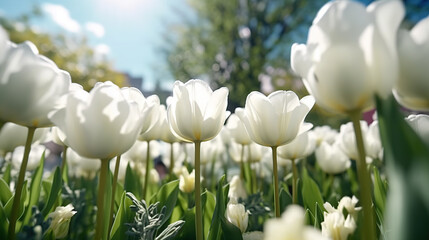 Close up nature view of amazing white tulips blooming in garden at middle of spring under sunlight.