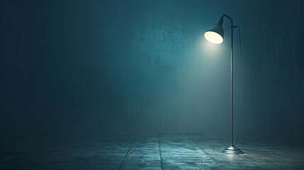   A floor lamp emits blue light in a dark room, casting a glow from its upper part - obrazy, fototapety, plakaty