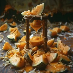 Fleeting Moments A Photomontage Exploring Time and Consumption through Discarded Melon Rinds and an Hourglass