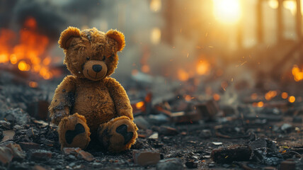 children's teddy bear toy over a burned city, destruction of the consequences of a military conflict.generative ai - obrazy, fototapety, plakaty