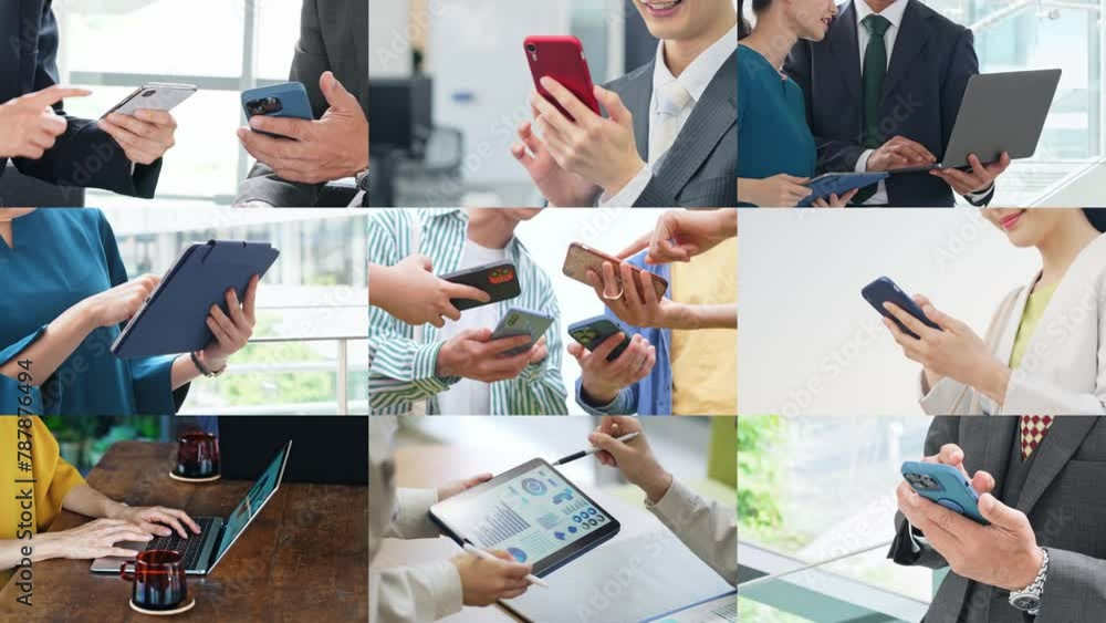 Poster Collage of scenes of people using various digital devices. Scaling transition from white background.