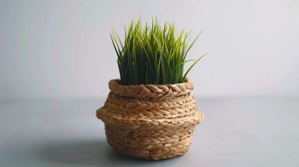   A close-up of a plant in a basket on a table against a white wall backdrop