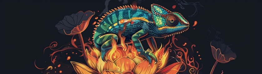A bonfire scene, serving as the backdrop for a majestic chameleon sitting on a lotus base, envisioned as a tshirt graphic that radiates warmth and enlightenment, 