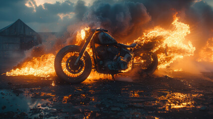 Vintage motorcycle engulfed in flames, against asphalt with sunset glow and mossy stones.generative ai