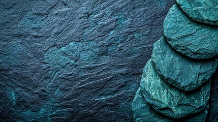   A tight shot of a rock formation over a blue backdrop, featuring an arranged pattern of stones to its left - obrazy, fototapety, plakaty
