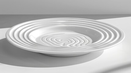   A white bowl sits atop a table, next to a person's shadow cast on the surface