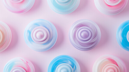 Abstract background of concentric circles or round shapes combined into a single pattern of delicate pastel colors.