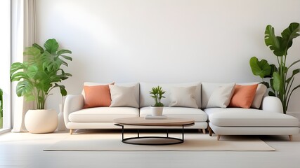 Bright and comfortable modern living room interior with white plaster wall, sofa, and plant