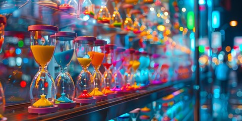 Captivating Rows of Colorful Hourglasses in a Vibrant Shop Window Display with Dreamlike Bokeh Lighting